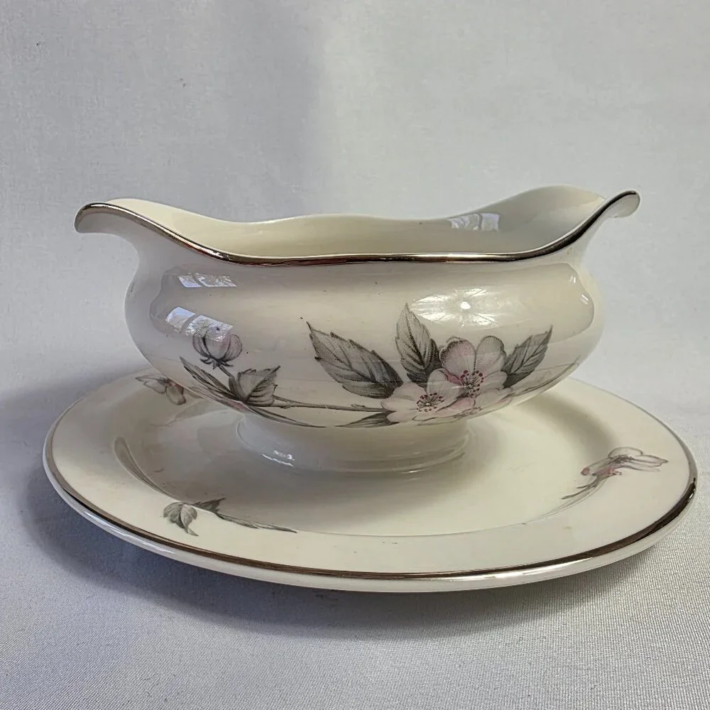 Manor House Spring Glory Gravy Boat & Underplate Pink & White Floral Gray Leaves